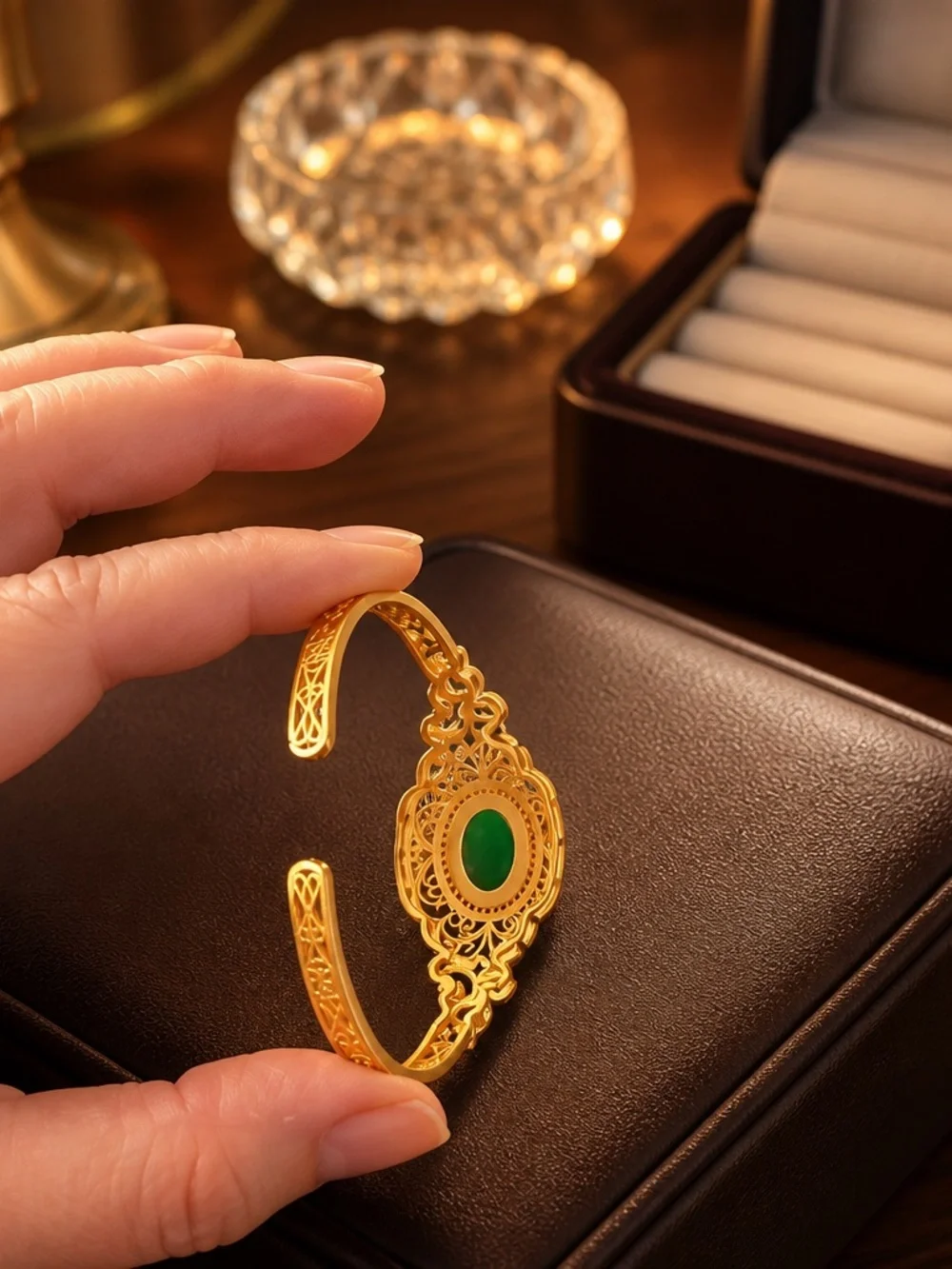 Silver S925 Luxury Gold Filigree Bracelet with Jade  Egg Noodle Bracelet